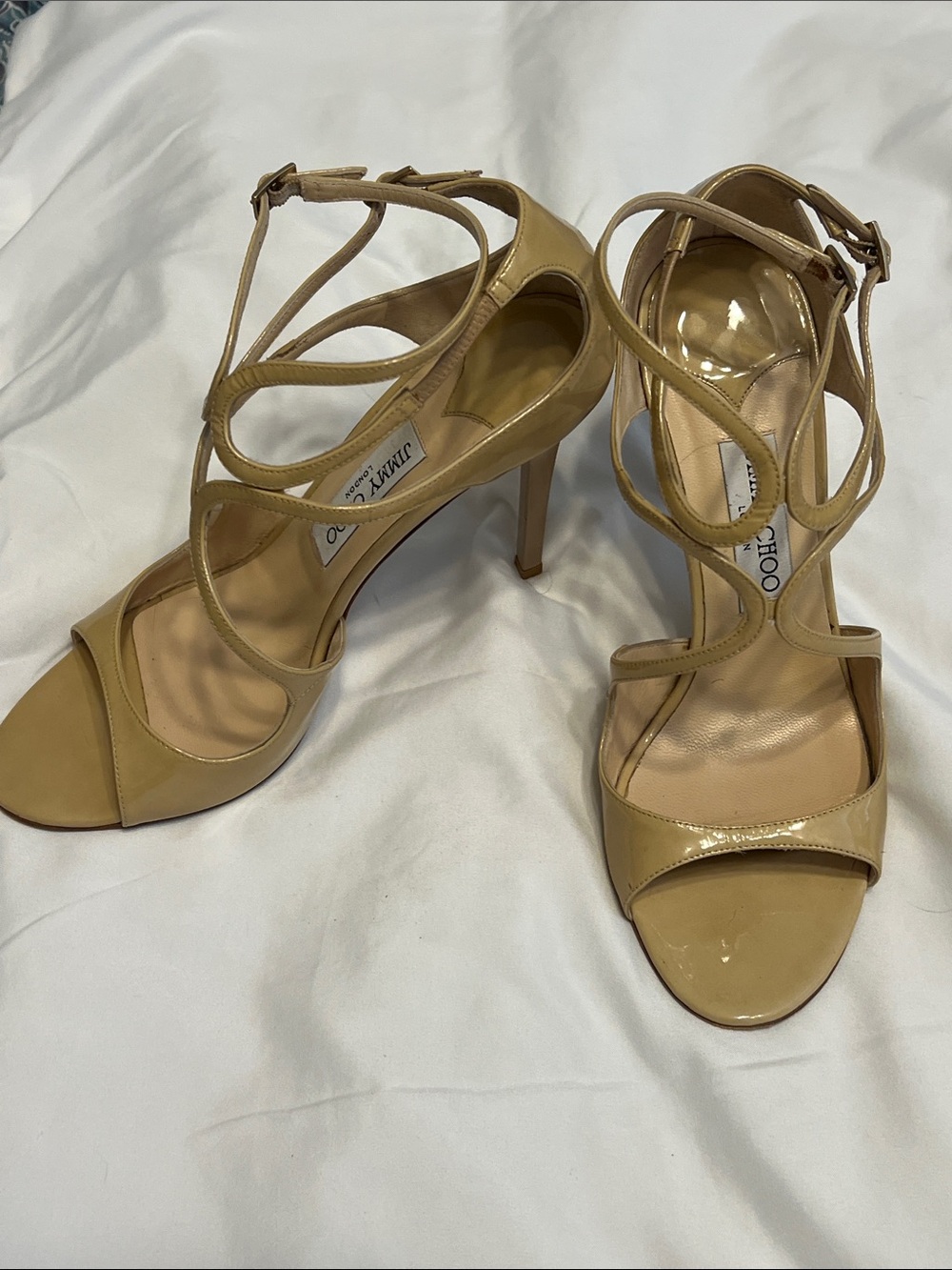 Jimmy Choo Beige Strappy Patent High Heel Sandals
